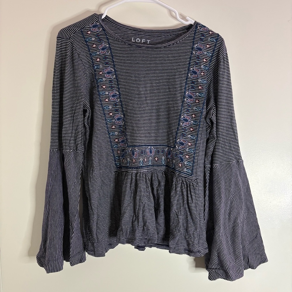 LOFT Women’s Size Medium Navy and White Striped Embroidered Blouse Long Sleeve - Picture 1 of 5